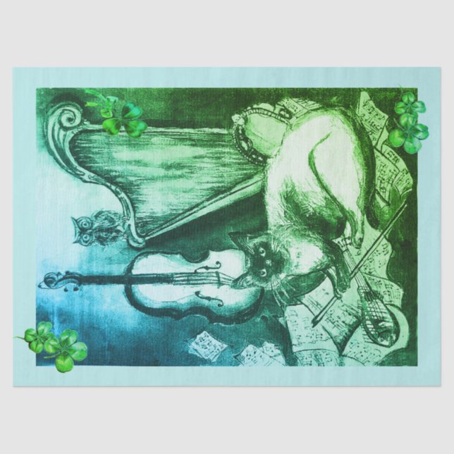 Irish Harp and St.Patrick's Day Cat Making Music Seidenpapier (Vorderseite)