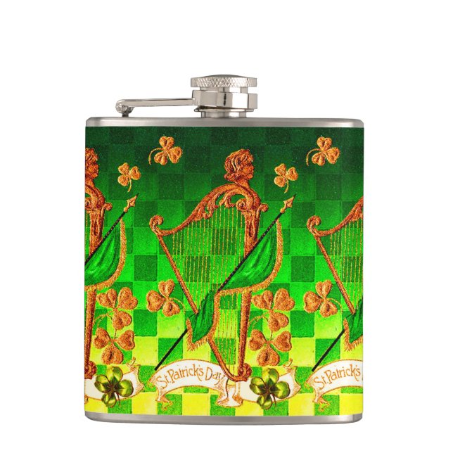 IRISH HARP, GREEN GOLD KLEEBLATTS St Patrick's Day Flachmann (Vorderseite)