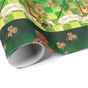 IRISH HARP, GREEN GOLD KLEEBLATTS St Patrick's Day Geschenkpapier