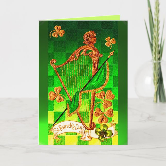IRISH HARP, GREEN GOLD KLEEBLATTS St Patrick's Day Karte (Vorderseite)