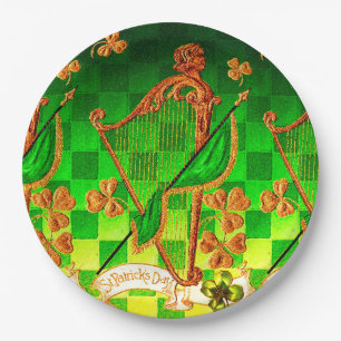 IRISH HARP, GREEN GOLD KLEEBLATTS St Patrick's Day Pappteller