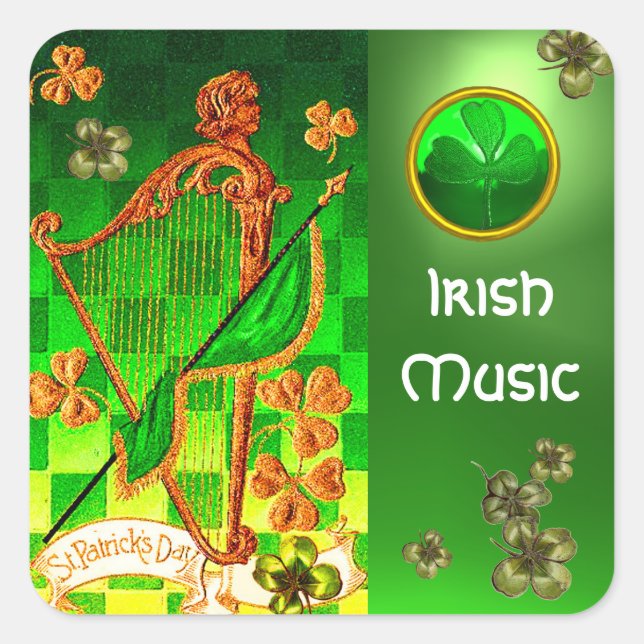 IRISH HARP, GREEN GOLD KLEEBLATTS St Patrick's Day Quadratischer Aufkleber (Vorderseite)