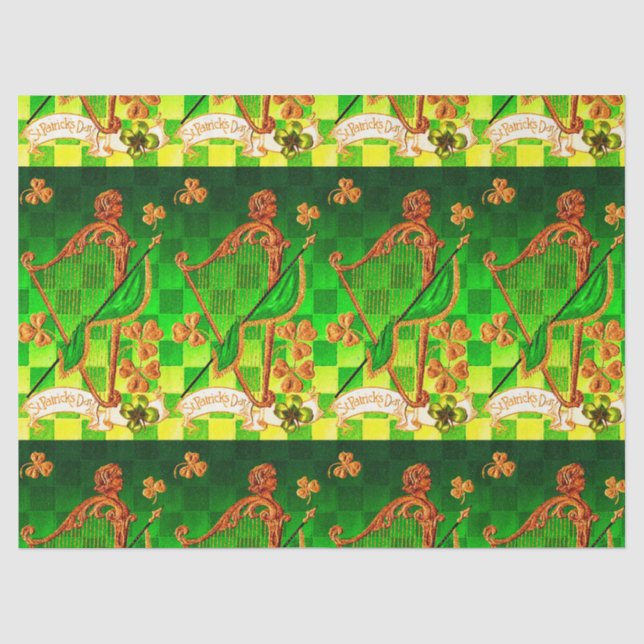 IRISH HARP, GREEN GOLD KLEEBLATTS St Patrick's Day Seidenpapier (Vorderseite)