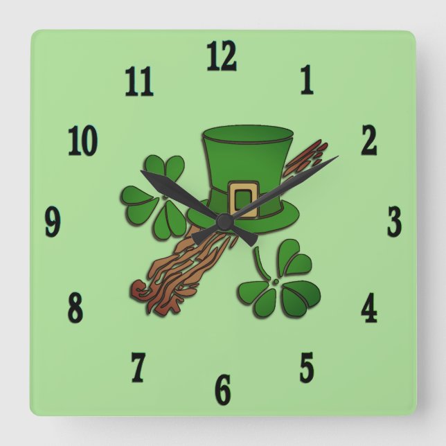 Irish Hat and Shamrocks Black Numbers Quadratische Wanduhr (Vorderseite)