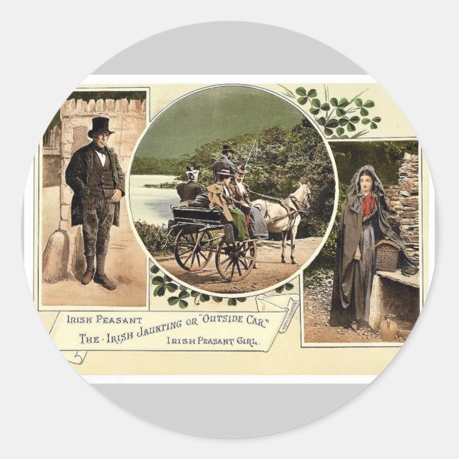 Irish Jaunting Car and Peasants. Grafschaft Galway Runder Aufkleber (Vorderseite)