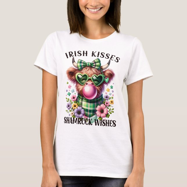 Irish Kisses Kleeblatt wünscht Highland Cow T - Sh T-Shirt (Vorderseite)
