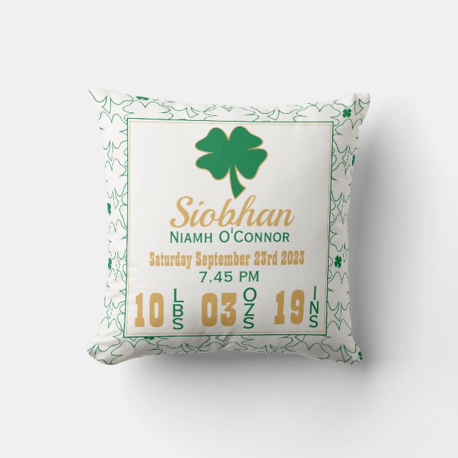 Irish Kleeblatt New Baby Birth Stats Kissen (Vorderseite)