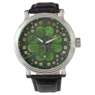 Irish Kleeblatt Vierblatt Klee Malachit und Gold Armbanduhr