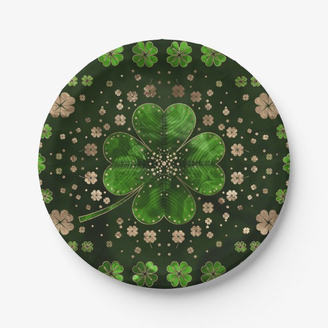 Irish Kleeblatt Vierblatt Klee Malachit und Gold Pappteller (Vorderseite)