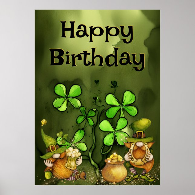 Irish Leprechaun Gnomes and Clovers Happy Birthday Poster (Vorne)