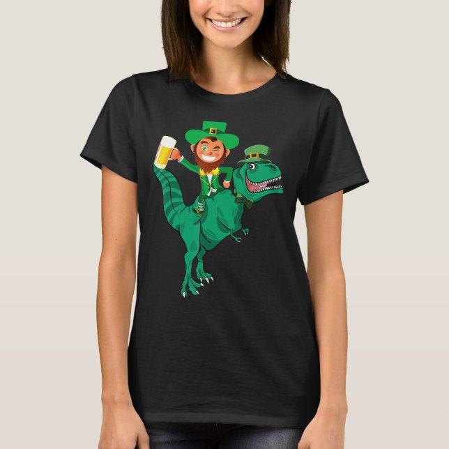 Irish Leprechaun Riding Dinosaur Beer Lover St Pat T-Shirt (Vorderseite)