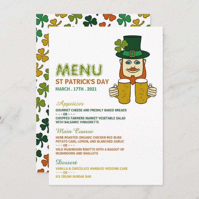 Irish Leprechaun, St Patrick's Day Menu Card Einladung (Vorne/Hinten)
