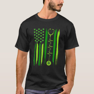 Irish Nurse Heartbeat Stethoscope American Flag Pa T-Shirt