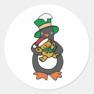 Irish Penguin hält Weihnachts-Teddybär Runder Aufkleber