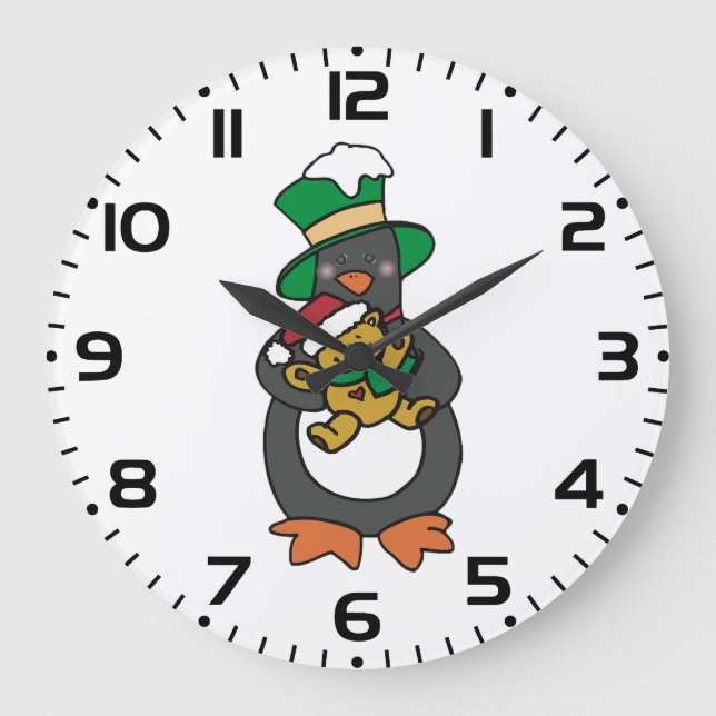Irish Penguin Holding Christmas Teddy Bear Große Wanduhr (Vorderseite)