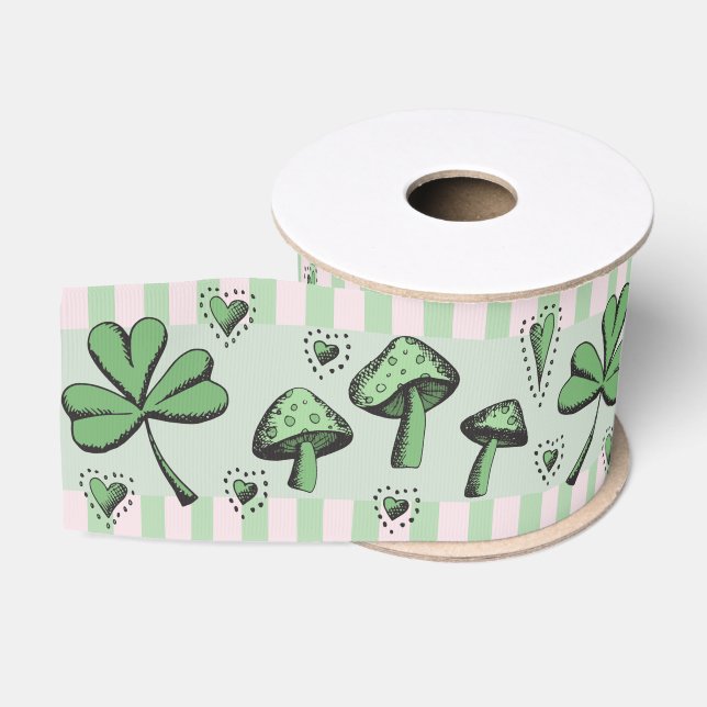 Irish Pink & Green Kleeblatts Hearts & Mushrooms 3 Ripsband (Spule)