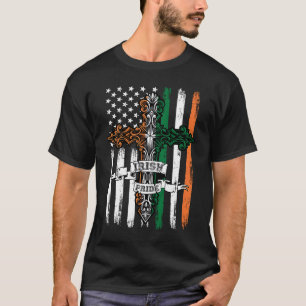 Irish Pride Celtic Cross Irland & USA Flag St Pat T-Shirt