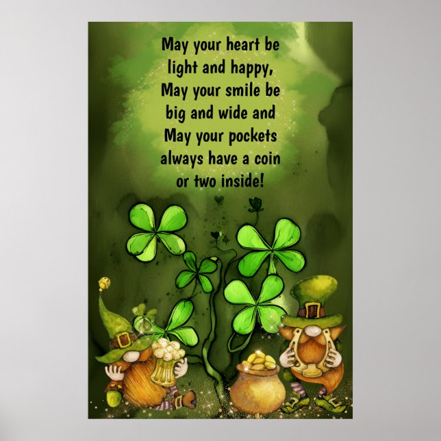Irish Proverb, Clovers and Leprechaun Gnomes Poster (Vorne)