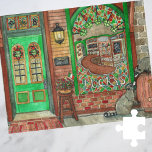 Irish Pub Watercolor Jigsaw Puzzle<br><div class="desc">Dieses Puzzle mit dem Thema St. Patrick's Day bietet ein originelles Kunstwerk eines festlichen irischen Pub in der Nacht. Das Glasfenster mit dem Regenbogen zeigt die Bar des Lucky's Pub, während zwei niedliche Waschbären auf der Straße einen Bierbarsch untersuchen. Die Wasserfarbe des St. Patty's Day mit ihren Nelken, der irischen...</div>