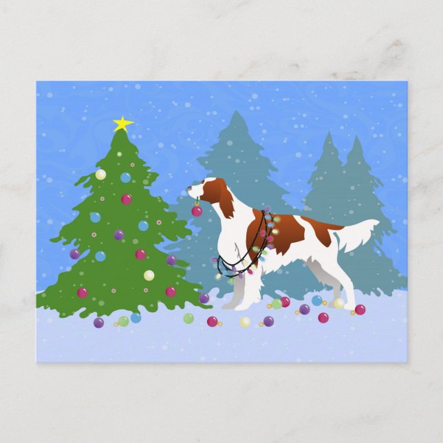 Irish Red and White Setter Decorating Tree Postkarte (Vorderseite)