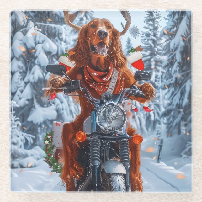 Irish Red Setter Dog Riding Motorrad Weihnachten Glasuntersetzer (Vorderseite)