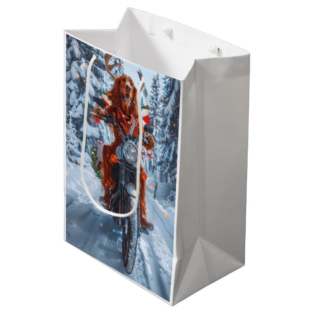 Irish Red Setter Dog Riding Motorrad Weihnachten Mittlere Geschenktüte (Vorderseite Schrägansicht)