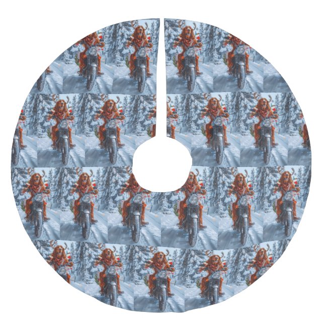 Irish Red Setter Dog Riding Motorrad Weihnachten Polyester Weihnachtsbaumdecke (Vorderseite)