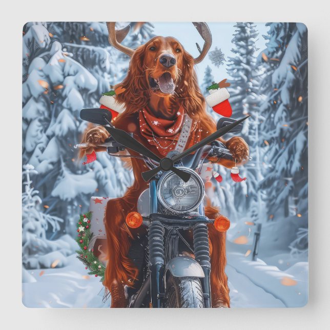 Irish Red Setter Dog Riding Motorrad Weihnachten Quadratische Wanduhr (Vorderseite)