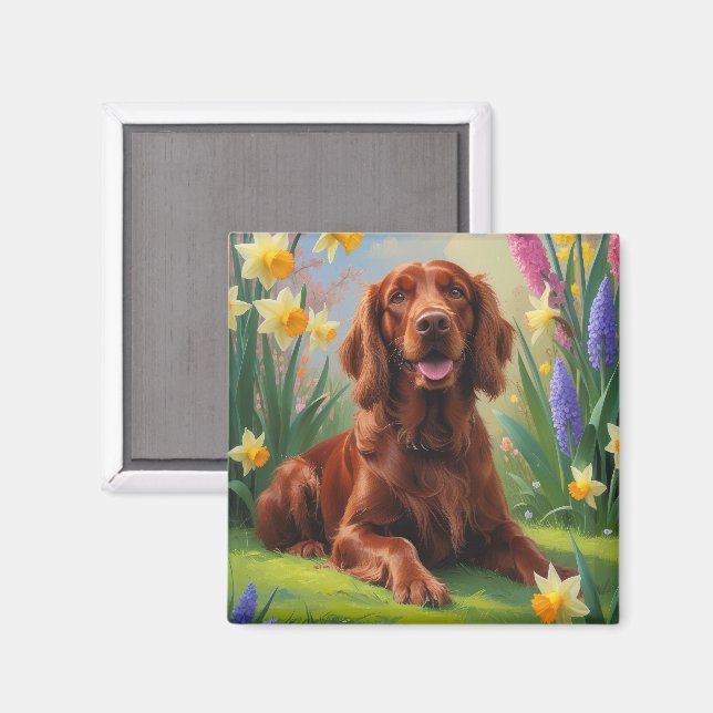 Irish Red Setter Dog Spring Blumen Malerei Magnet (Vorderseite/Rückseite)