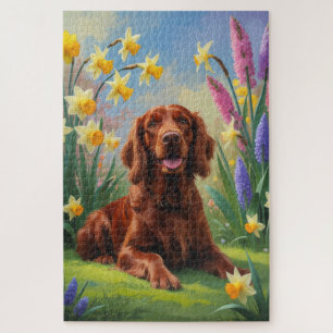 Irish Red Setter Hund Frühlingsblumen Malerei 