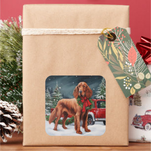 Irish-Red-Setter-Hund im Schnee Weihnachten Quadratischer Aufkleber