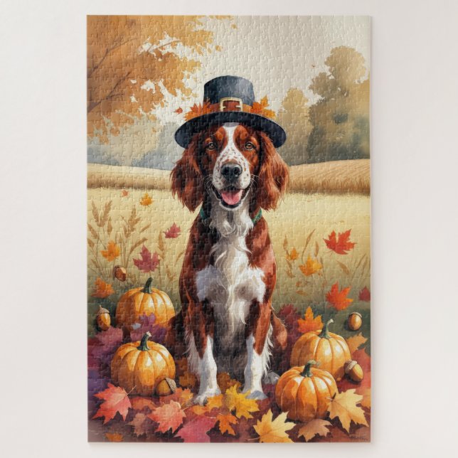 Irish Red Setter im Herbst hinterlässt Erntedank K (Vertikal)