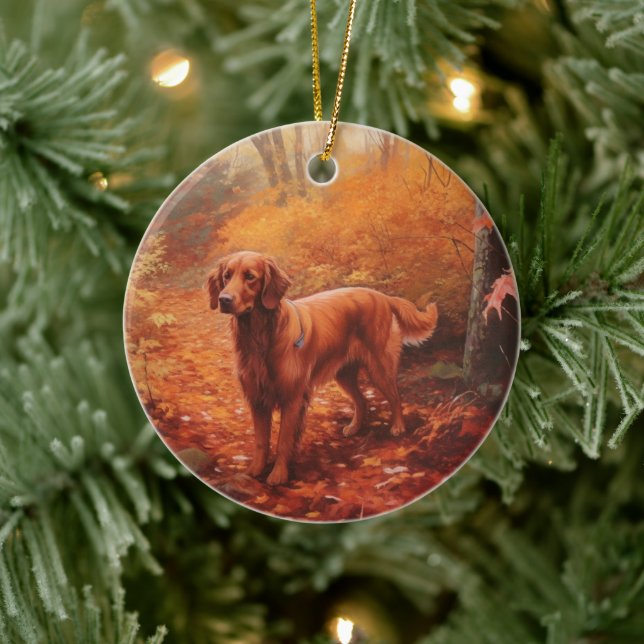 Irish Red Setter im Herbst Leaves Fall Inspiriert Keramik Ornament (Baum)
