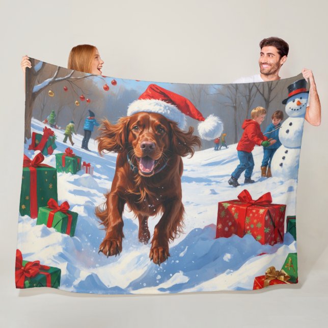 Irish Red Setter Running Snow mit Weihnachtshut Fleecedecke (Beispiel)