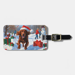 Irish Red Setter Running Snow mit Weihnachtshut Gepäckanhänger