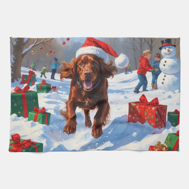 Irish Red Setter Running Snow mit Weihnachtshut Geschirrtuch (Horizontal)