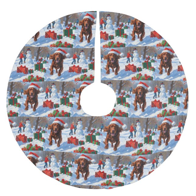 Irish Red Setter Running Snow mit Weihnachtshut Polyester Weihnachtsbaumdecke (Vorderseite)
