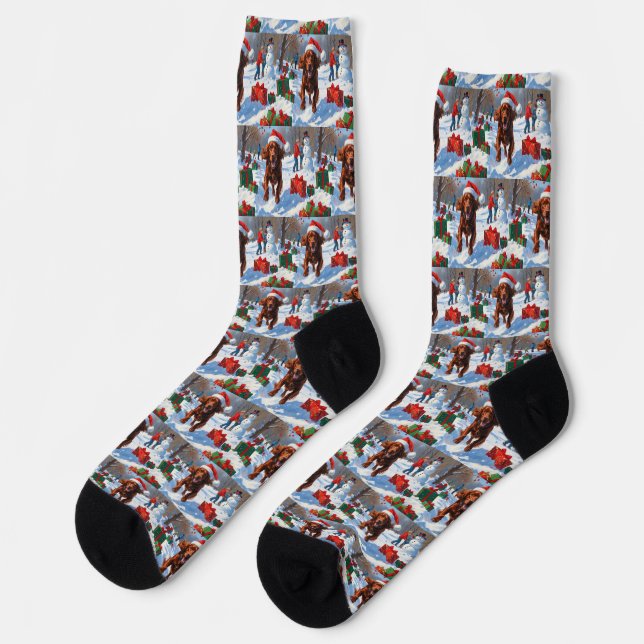 Irish Red Setter Running Snow mit Weihnachtshut Socken (Linkes Detail)