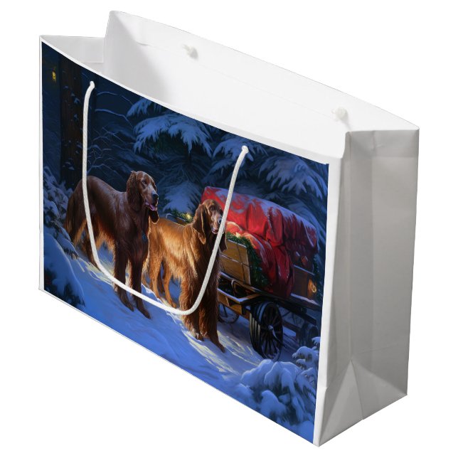 Irish Red Setter Snowy Sleigh Weihnachtsdekor Große Geschenktüte (Vorderseite Schrägansicht)