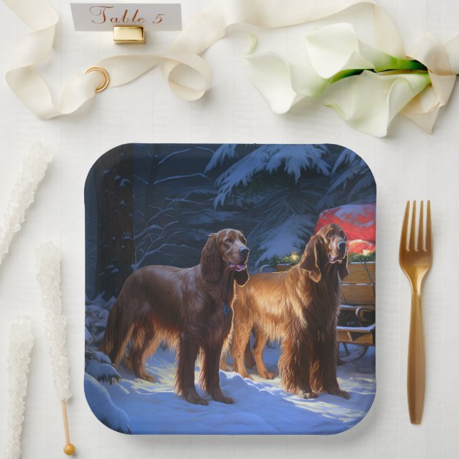 Irish Red Setter Snowy Sleigh Weihnachtsdekor Pappteller (Hochzeit)