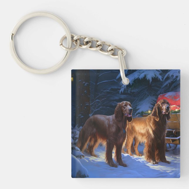 Irish Red Setter Snowy Sleigh Weihnachtsdekor Schlüsselanhänger (Vorderseite)