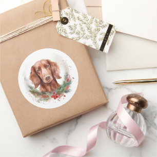 Irish-Red-Setter-Weihnachtskranz Festiver Hund Runder Aufkleber