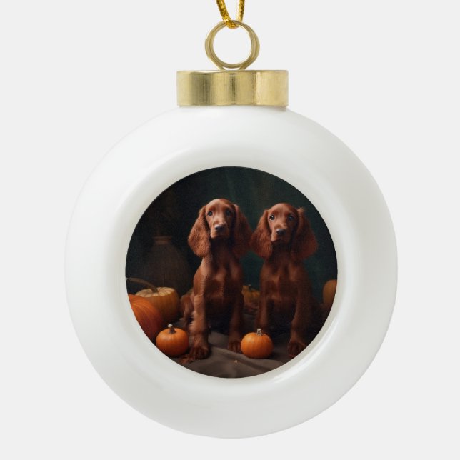 Irish Red Setter Welppy Autumn Delight Pumpkin Keramik Kugel-Ornament (Vorderseite)