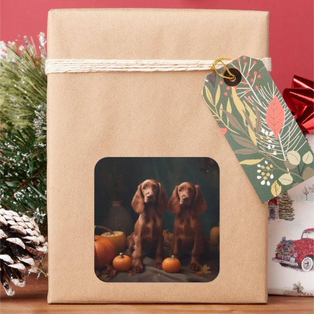 Irish Red Setter Welppy Autumn Delight Pumpkin Quadratischer Aufkleber (Feiertag)
