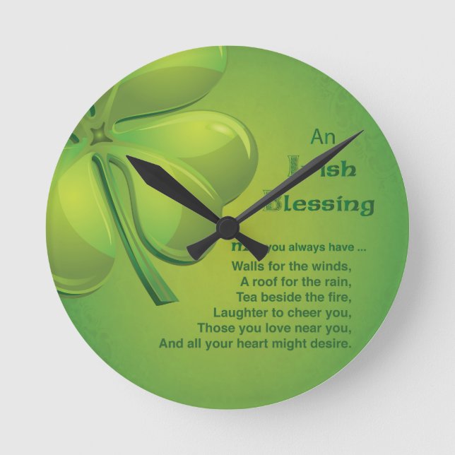 Irish Sessings Green Kleeblatt, keltisch Runde Wanduhr (Vorderseite)