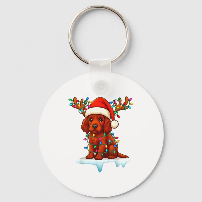 Irish Setter Christmas Santa Hat Reindeer Lights P Schlüsselanhänger (Vorderseite)
