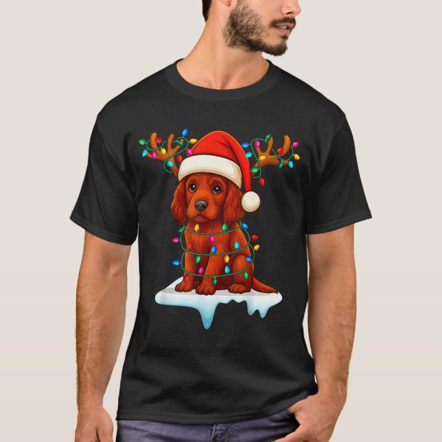 Irish Setter Christmas Santa Hat Reindeer Lights P T-Shirt (Vorderseite)