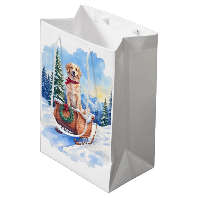 Irish Setter Enjoying Christmas Sleigh Ride Winter Mittlere Geschenktüte (Vorderseite Schrägansicht)