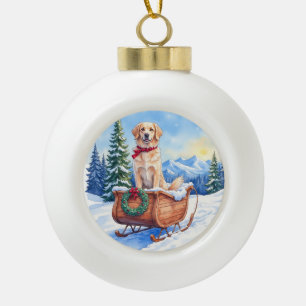 Irish Setter genießt Weihnachts-Schlittenfahrt im Keramik Kugel-Ornament