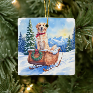 Irish Setter genießt Weihnachts-Schlittenfahrt im  Keramikornament